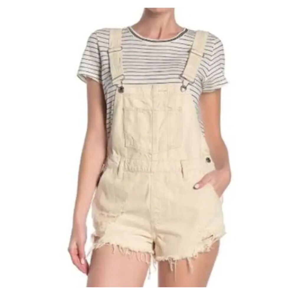 ~ Free People 30 Shortalls We The Free Cream Distressed Denim Short Overall Fray